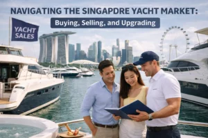 Coconut Yachts Luxury Charter Singapore - Journal - yacht broker presenting yacht options to a couple at a Singapore marina with luxury yachts and Marina Bay skyline