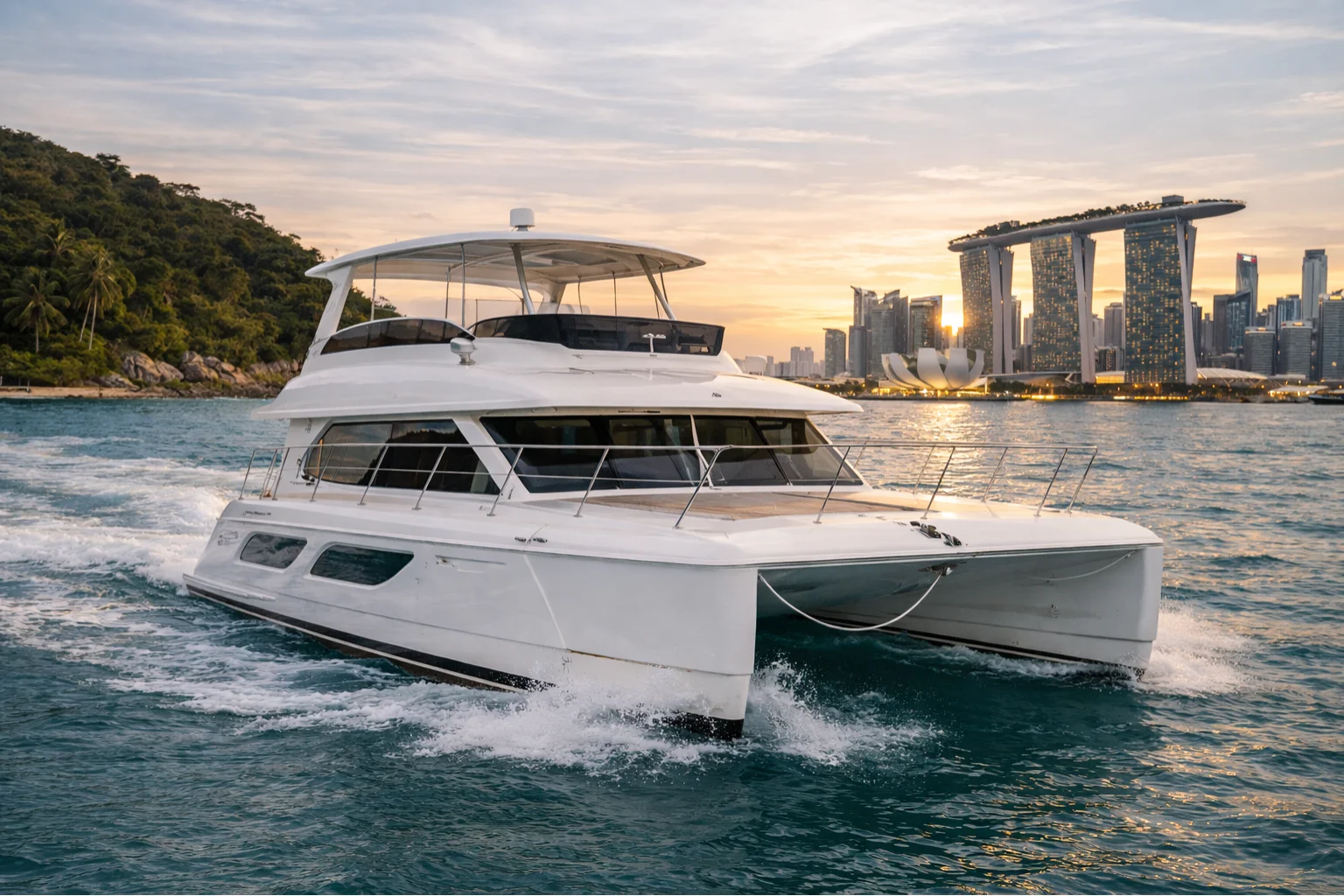 Coconut Yachts Luxury Charter Singapore - The Executive Retreat - Island Voyager power catamaran yacht sailing in Singapore harbor with Marina Bay Sands backdrop
