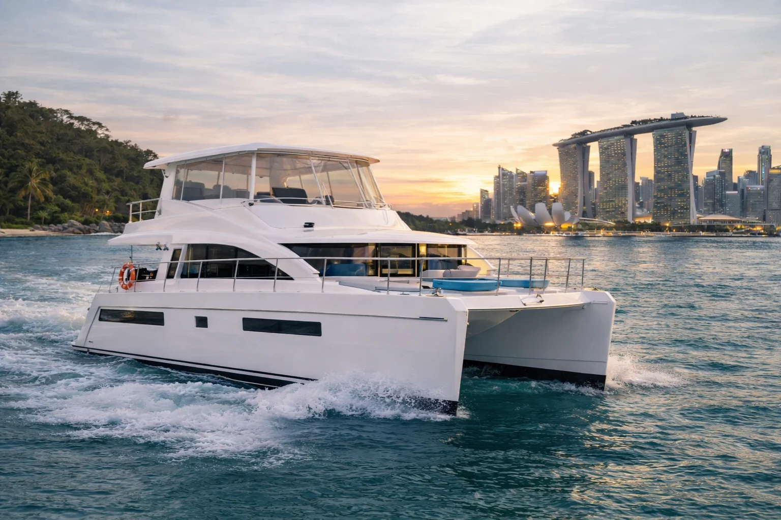 Coconut Yachts Luxury Charter Singapore - The Leopard 51 Luxury Power Catamaran - premium Leopard 51 catamaran yacht cruising in Singapore harbor at sunset