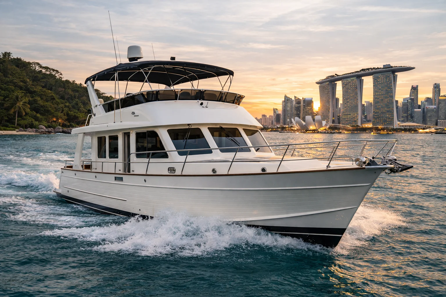 Coconut Yachts Luxury Charter Singapore - The Raffles Cruiser - classic Singapore luxury yacht charter vessel cruising near Marina Bay skyline