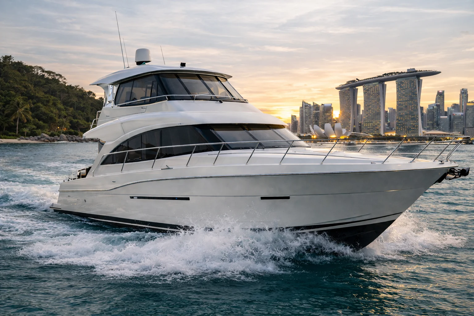 Coconut Yachts Luxury Charter Singapore - The White Pearl - Riviera 39 Platinum luxury yacht cruising past Marina Bay Sands at sunset