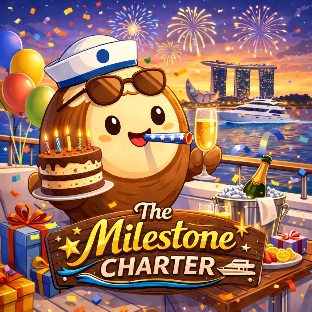 Coconut Yachts mascot celebrating a special occasion on a luxury yacht during The Milestone Charter experience in Singapore