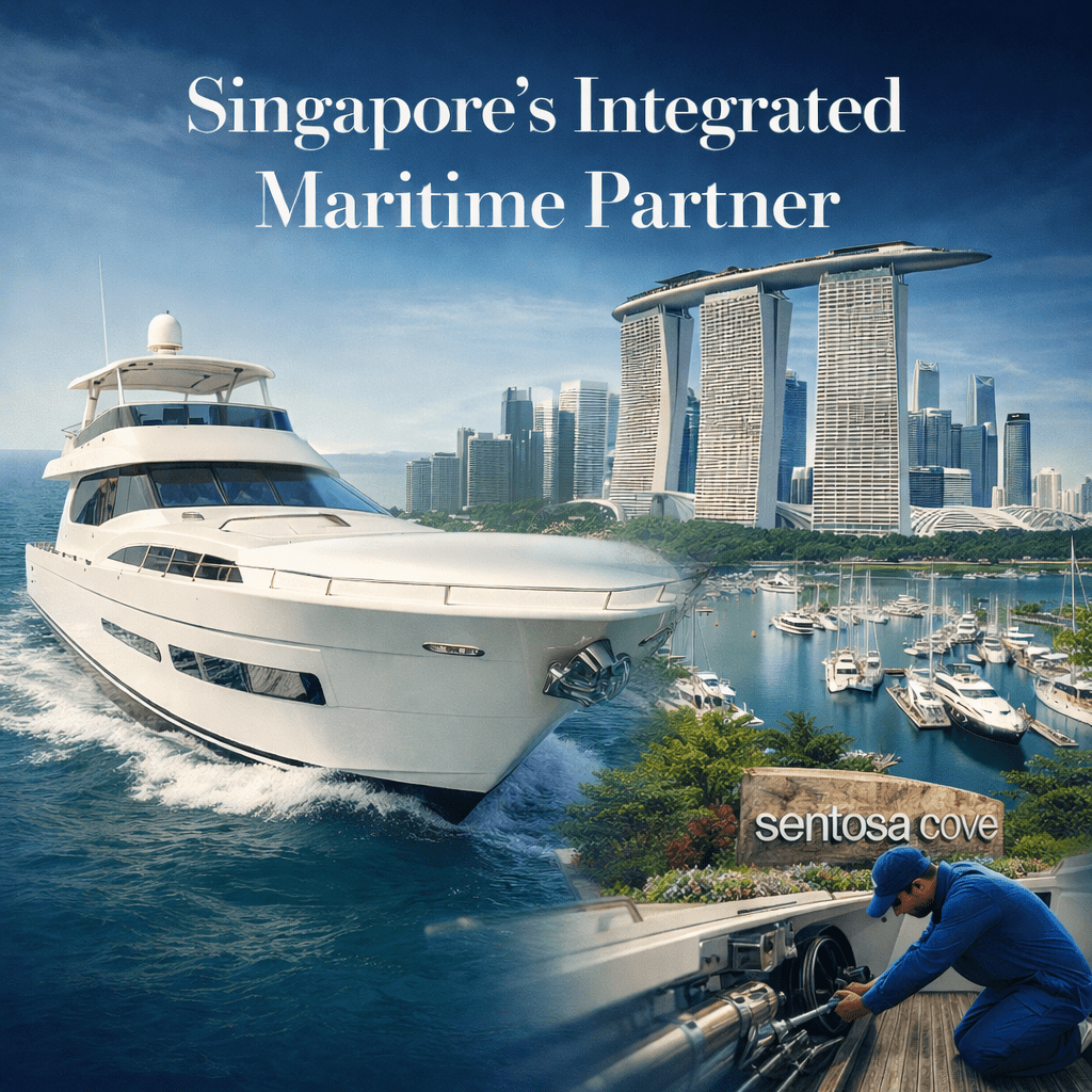 Luxury yacht cruising near Singapore skyline representing integrated maritime services