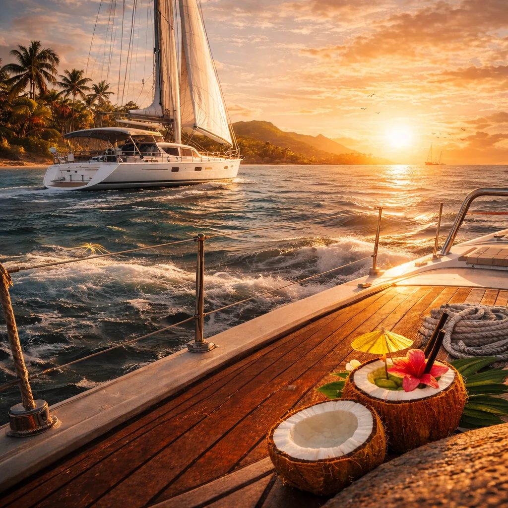 Luxury yacht sailing past a tropical island at sunset, viewed from a wooden deck with coconuts in the foreground