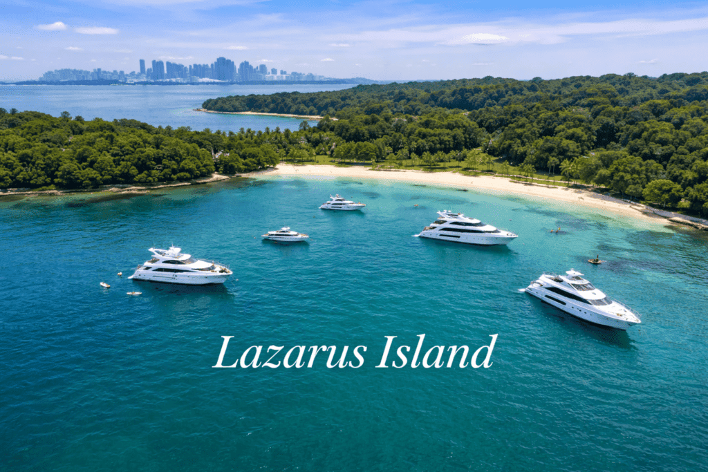 Luxury yachts anchored near Lazarus Island in Singapore's turquoise waters.