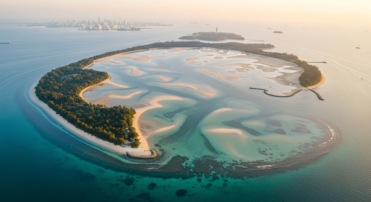 Aerial view of the Singapore Southern Islands archipelago at sunrise