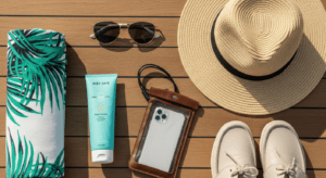 Flat-lay of yacht charter day essentials, hat, sunglasses, sunscreen, towel