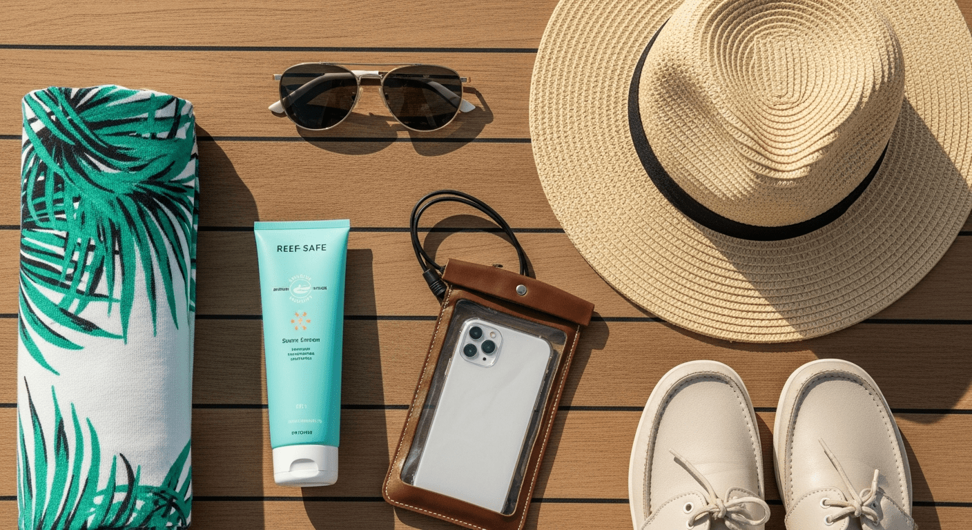 Flat-lay of yacht charter day essentials, hat, sunglasses, sunscreen, towel