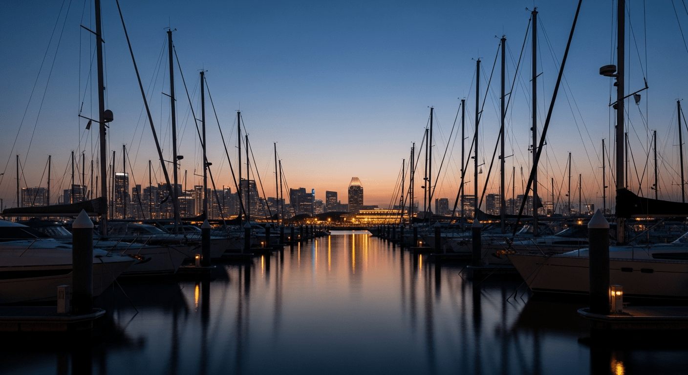 Twilight at a luxury Singapore yacht marina with masts and city skyline
