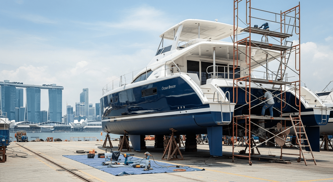 Luxury power catamaran hauled out for maintenance at a Singapore boatyard